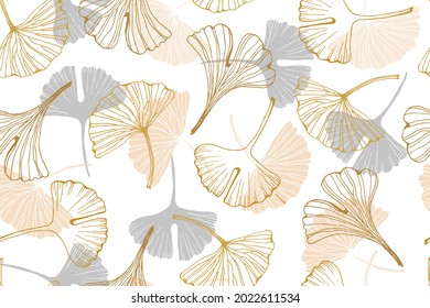 Seamless Pattern with Pastel and Golden Ginkgo Leaves on white background. Sketch vector illustration