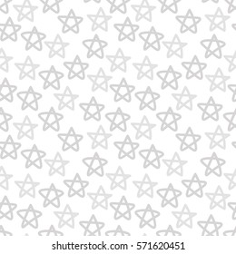 Seamless pattern with pastel gray hand drawn stars on white background. Sky background. Cute wrapping paper. Vector illustration.