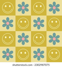 Seamless pattern with pastel green checkerboard and blue daisies. Retro groovy pattern with smiles and flowers. Cute colorful trendy vector illustration in style 70s, 80s