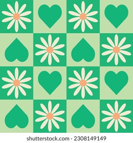 Seamless pattern with pastel green checkerboard and white daisies. Retro groovy pattern with flowers and hearts. Cute colorful trendy vector illustration in style 70s, 80s