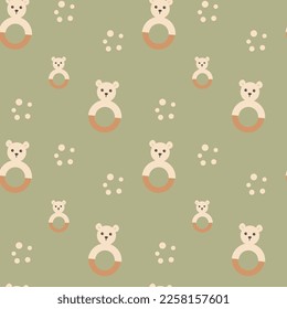 Seamless pattern. Pastel green colors. baby rattle bear. Also for printing on paper and fabric