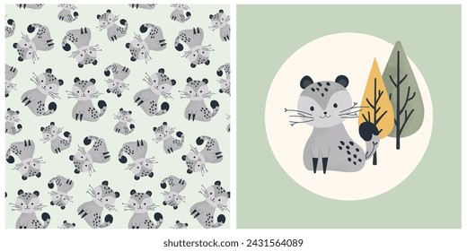 Seamless pattern in pastel green colors with a wild cat, a fabulous leopard. For cards, print, decoupage, scrapbooking, textile, fabric and children's room