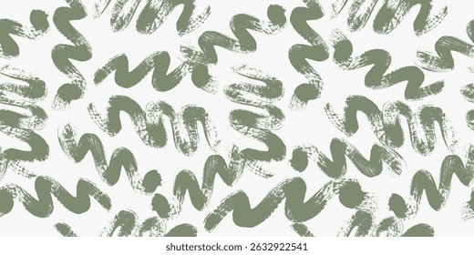 Seamless pattern pastel green paint swirl line. Wavy and curly lines, zigzag shapes, dry brush stroke texture. Seamless pattern wavy swirl brush. Vector abstract wallpaper design, trendy textile print
