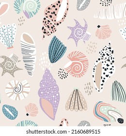 Seamless pattern with pastel hand drawn seashells. Creative marine texture. Great for fabric, textile Vector Illustration