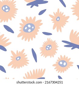 Seamless pattern with pastel hand drawn summer flowers. Modern and original textile, wrapping paper, wall art. Vector texture with abstract simple plants. Floral simple minimalistic naive surface 