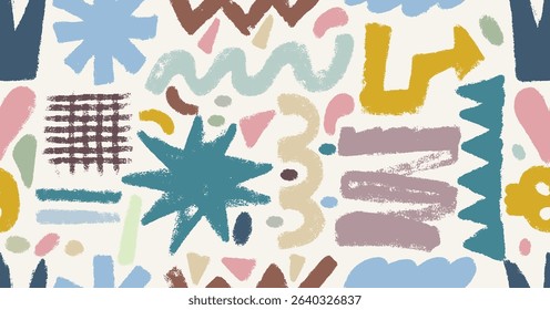 Seamless pattern pastel hand drawn crayon shapes and forms. Childish colored crayon elements. Abstract doodle geometric crayon shapes in retro style. Seamless pattern vector doodle marker drawing.