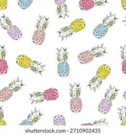 Seamless pattern with pastel hand-drawn pineapples on a white background. Trendy sketch style perfect for summer textiles, packaging, stationery, kids apparel and bright tropical designs.