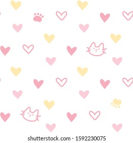 Seamless Pattern with Pastel Heart, Cat Face and Paw Design on White Background
