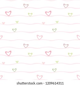 Seamless Pattern with Pastel Heart and Wavy Line Design on White Background