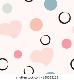 Seamless pattern with pastel hearts and round. Hand drawn background.