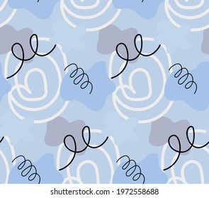 Seamless pattern with pastel monochrome blue organic hand draw shapes doodles. Cute geometric abstract background with irregular stains blot. Vector backdrop, textile, packaging, kids design