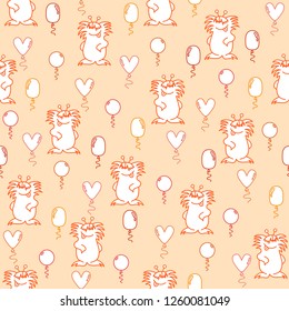 Seamless pattern with pastel orange funny shaggy monsters and yellow, orange and pink balloons on a orange background.Print for fabric,wrapping paper,wallpaper,background for your design