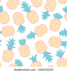 Seamless pattern of pastel pineapple with geometric ornament. Scandinavian stylish background. Vector illustration with hand drawn cute pineapple