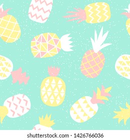 Seamless pattern of pastel pineapple with geometric ornament. Scandinavian stylish background. Vector illustration with hand drawn cute pineapple