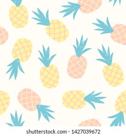 Seamless pattern of pastel pineapple with geometric ornament. Scandinavian stylish background. Vector illustration with hand drawn cute pineapple