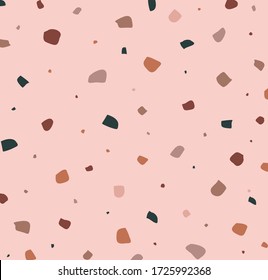 Seamless pattern in pastel pink, brown and green on pink background. Greeting cards, flyers, newsletter, branding design, covers.
