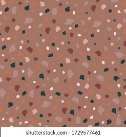 Seamless pattern in pastel pink, brown and green on brown background. Greeting cards, flyers, newsletter, branding design, covers.