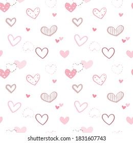 Patrón sin foco con corazones rosados pasteles en fondo blanco