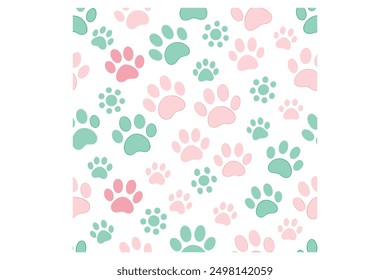 Seamless pattern with pastel pink and mint green paw prints, incorporating various shapes for visual interest. Ideal for baby products, fabrics, stationery and pet accessories.