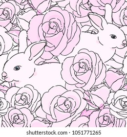 Seamless pattern with pastel pink roses and bunny. Spring summer pastel pink rose flowers and rabbit background. Vector hand drawn illustrate design with transparent background.