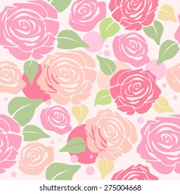 Seamless Pattern with Pastel Pink Roses and Leaves