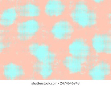 Seamless pattern of pastel pinkish sky with delicate neon clouds. Halftone polka dot pattern with shift. Vector.