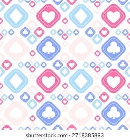 Patrón sin fisuras con trajes de naipes pastel en rosa y azul. Ilustración vectorial de lindos símbolos de póquer y casino. Fondo geométrico con corazones, picas, mazas y diamantes para Fondo de pantalla y tela.