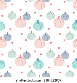 Seamless pattern with pastel pumpkins and hearts. Wrapping paper and wallpaper patterns.
