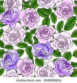 Seamless pattern with pastel purple roses. Spring summer pastel purple rose flowers background. Vector hand drawn illustrate design with transparent background.