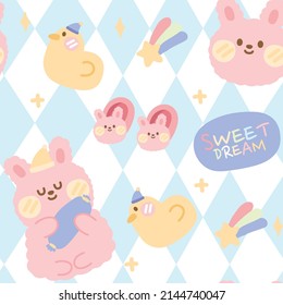 Seamless pattern of pastel rabbit in night sleep.Duck,star rainbow,slippers cartoon hand drawn.Kawaii.Vector.Illustration.