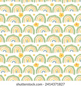 Seamless Pattern with Pastel Rainbow and Flower Design on White Background