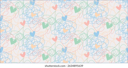 Seamless pattern of pastel scribbles with soft heart shapes in blue, pink, green, and peach. Light and airy abstract background with gentle loops. Great for nursery decor, feminine designs, and spring