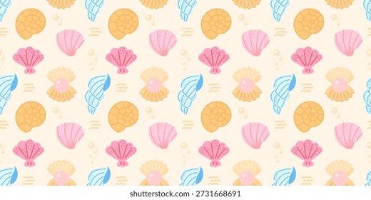 Padrão sem costura com conchas pastel e elementos do oceano em um estilo marinho kawaii. Fundo vetorial bonito perfeito para têxteis com tema de praia e decoração de verão