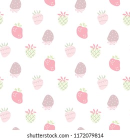 Seamless Pattern of Pastel Strawberry Design, Cartoon Illustration, on White Background