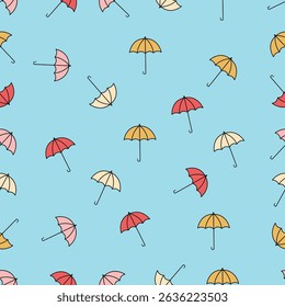 Seamless Pattern With Pastel Style Umbrellas, on a light blue background, for print or wallpaper
