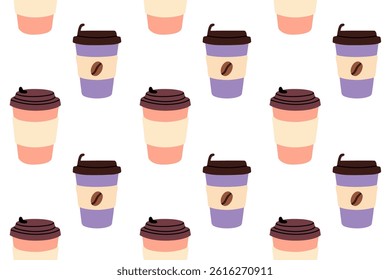 Seamless pattern with pastel takeaway coffee cups on clean white background