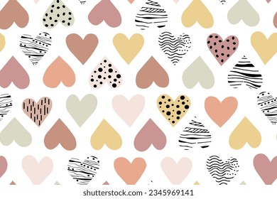 Seamless pattern pastel tender hearts and brutal black and white design. Minimal abstract set of geometric sketches hand drawn with lines, heart shape icon.