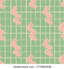 Seamless pattern in pastel tones. Pink zigzag elements on green chequered background. Vector illustration. Designed for textile prints, wallpaper, wrapping paper, kids clothes.