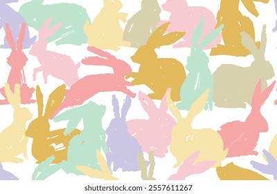 Seamless pattern with pastel watercolor brush stroke rabbits, hand drawn isolated on a white background. Pastel rabbit animal seamless print, repeat background, cute spring easter hare surface design.