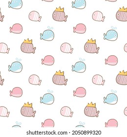 Seamless Pattern with Pastel Whale Design on White Background