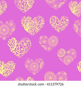 Seamless pattern with pastel yellow hearts on lavender background