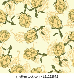 Seamless pattern with pastel yellow roses and leaves on yellow background. Hand drawn vector illustration.