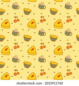 Seamless pattern with pastel yellow vintage background and sweet dessert like cheesecake, hot tea,coffee, muffin, cupcakes