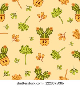 Seamless pattern with pastel yellow,orange and green doodle characters and branches on a warm beige background.Print with funny cartoon girls cacti for fabric,wrapping paper,background for your design