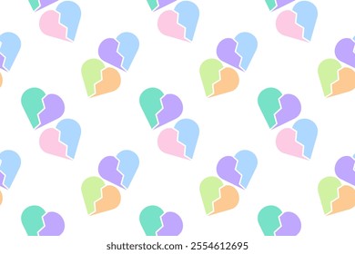 A seamless pattern of pastel-colored broken hearts in pairs, creatively arranged on a white background.