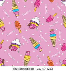 seamless pattern of pastel-colored ice creams