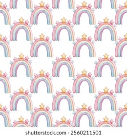 Seamless pattern of pastel-colored rainbows with stars, perfect for children's decor nursery designs, and whimsical projects.The soft hues and playful elements create a dreamy and cheerful atmosphere.