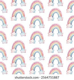 Seamless pattern of pastel-colored rainbows with stars, perfect for children's decor nursery designs, and whimsical projects.The soft hues and playful elements create a dreamy and cheerful atmosphere.