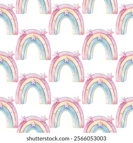 Seamless pattern of pastel-colored rainbows with stars, perfect for children's decor nursery designs, and whimsical projects.The soft hues and playful elements create a dreamy and cheerful atmosphere.