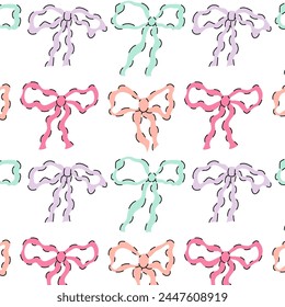 Seamless pattern with pastele various wavy bows. Gift ribbons in hand drawn and flat styles. Fashionable vector illustration. Hair girly accessory. Bows for gift wrapping. Coquette core cute design.